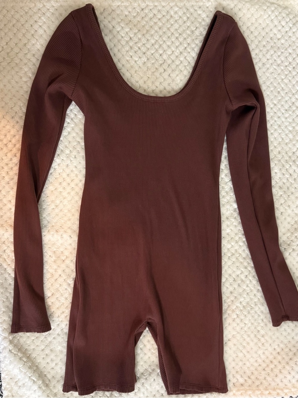 Ribbed Long-Sleeve Romper in chestnut